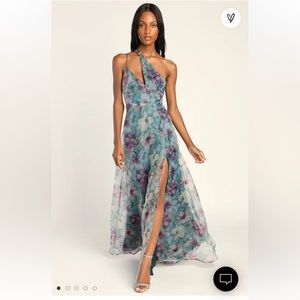Lulu’s Garden of Glamour Green Floral One-Shoulder Maxi Dress Size XL NWT